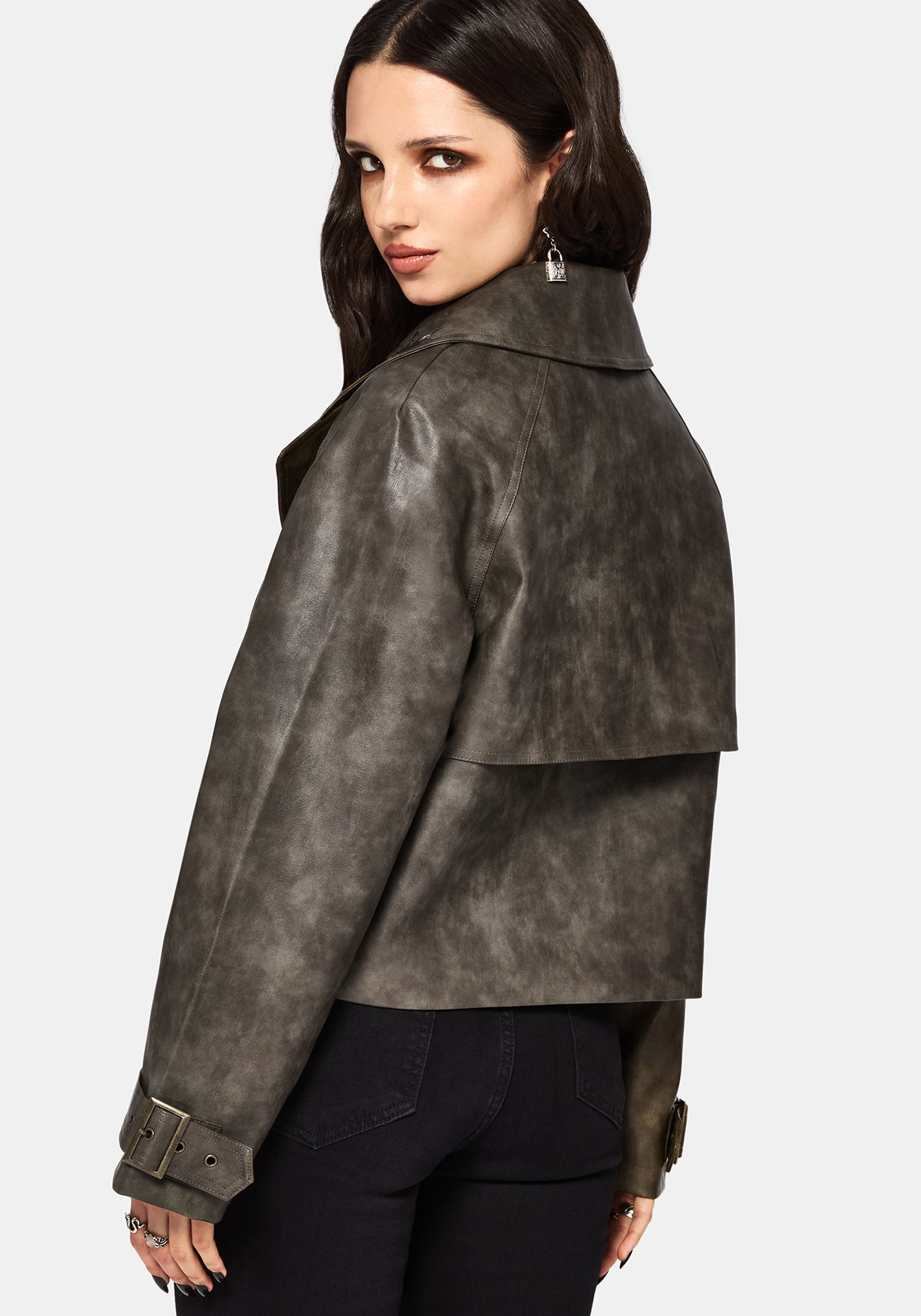 Fleux Embroidered Cropped Faux Leather Trench Jacket