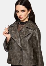 Fleux Embroidered Cropped Faux Leather Trench Jacket