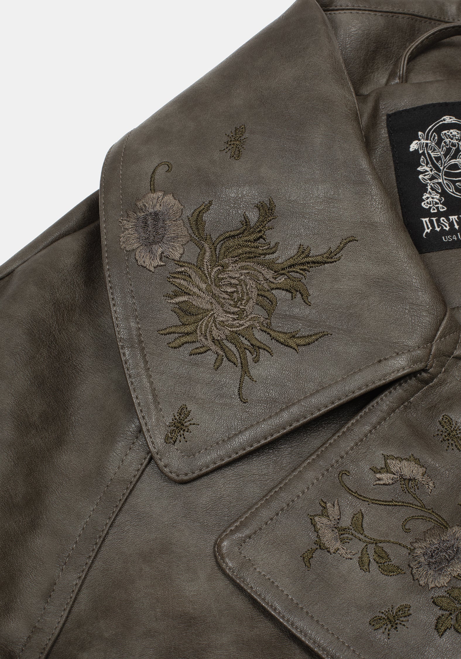 Fleux Embroidered Cropped Faux Leather Trench Jacket