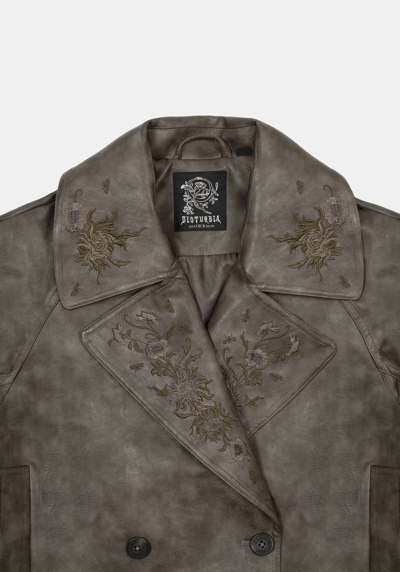 Fleux Embroidered Cropped Faux Leather Trench Jacket