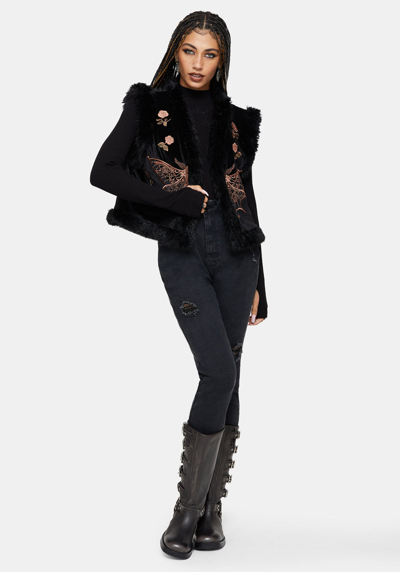 Maeve Faux Fur Embroidered Moth Gilet