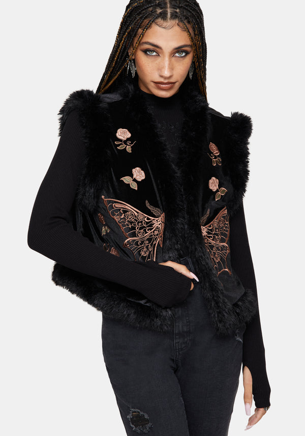 Maeve Faux Fur Embroidered Moth Gilet