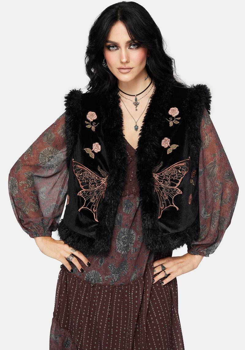 Maeve Faux Fur Embroidered Moth Gilet