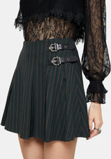 Kera Green Pinstripe Buckle Detail Mini Pleated Skirt