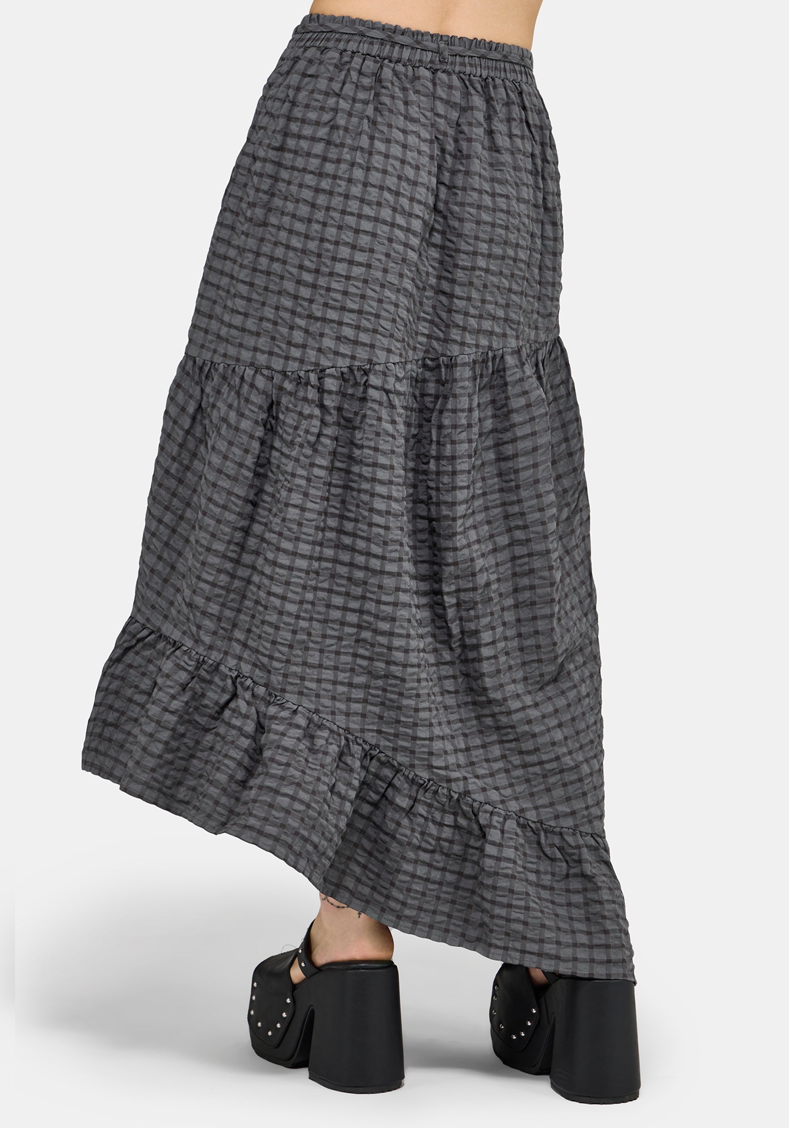 Nimira Check Asymmetrical Tiered Maxi Skirt – Disturbia