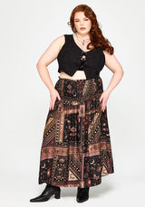 Nola Folk Patchwork Print Shirred Midi Skirt