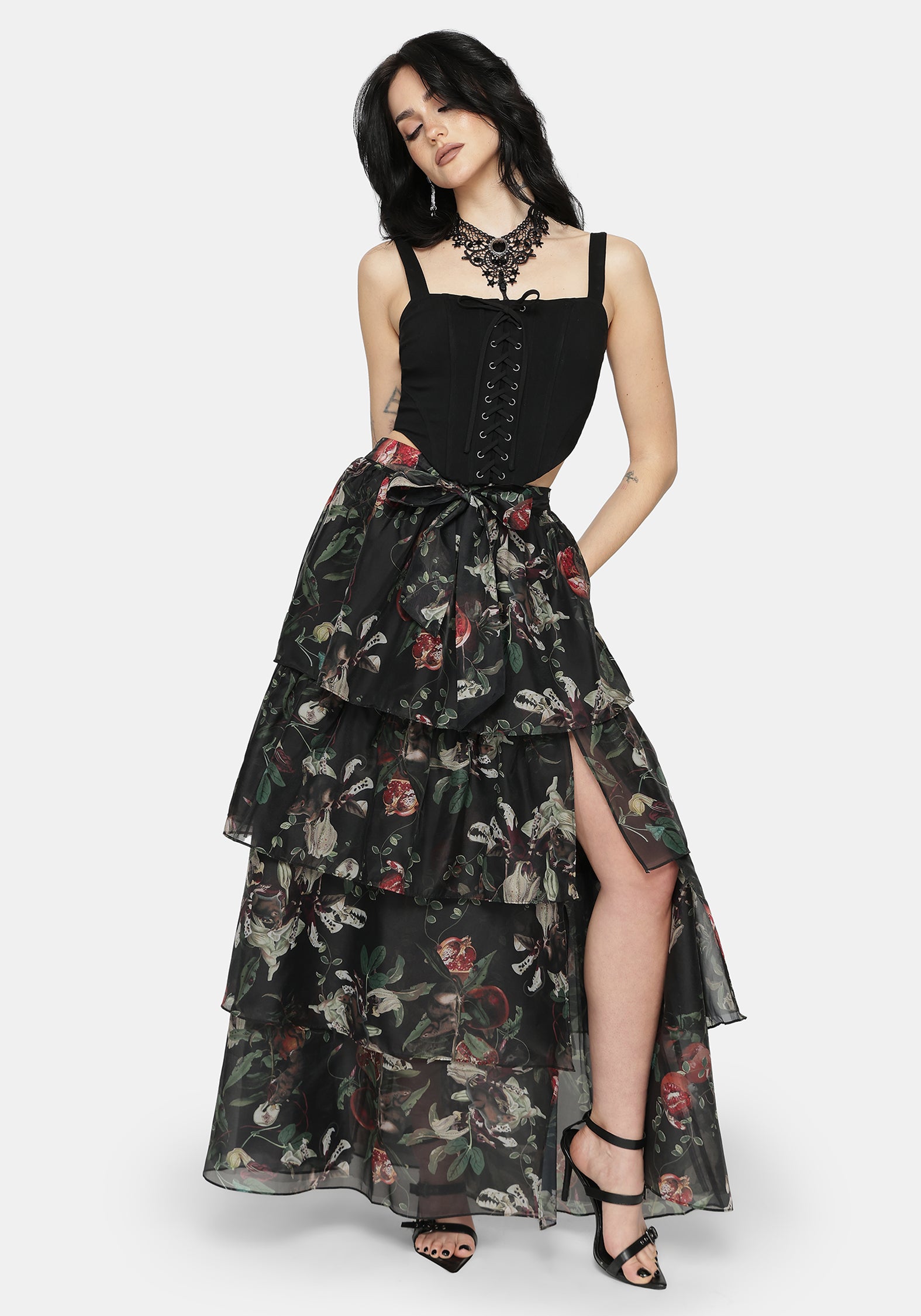 Anara Fruit Print Tiered Skirt
