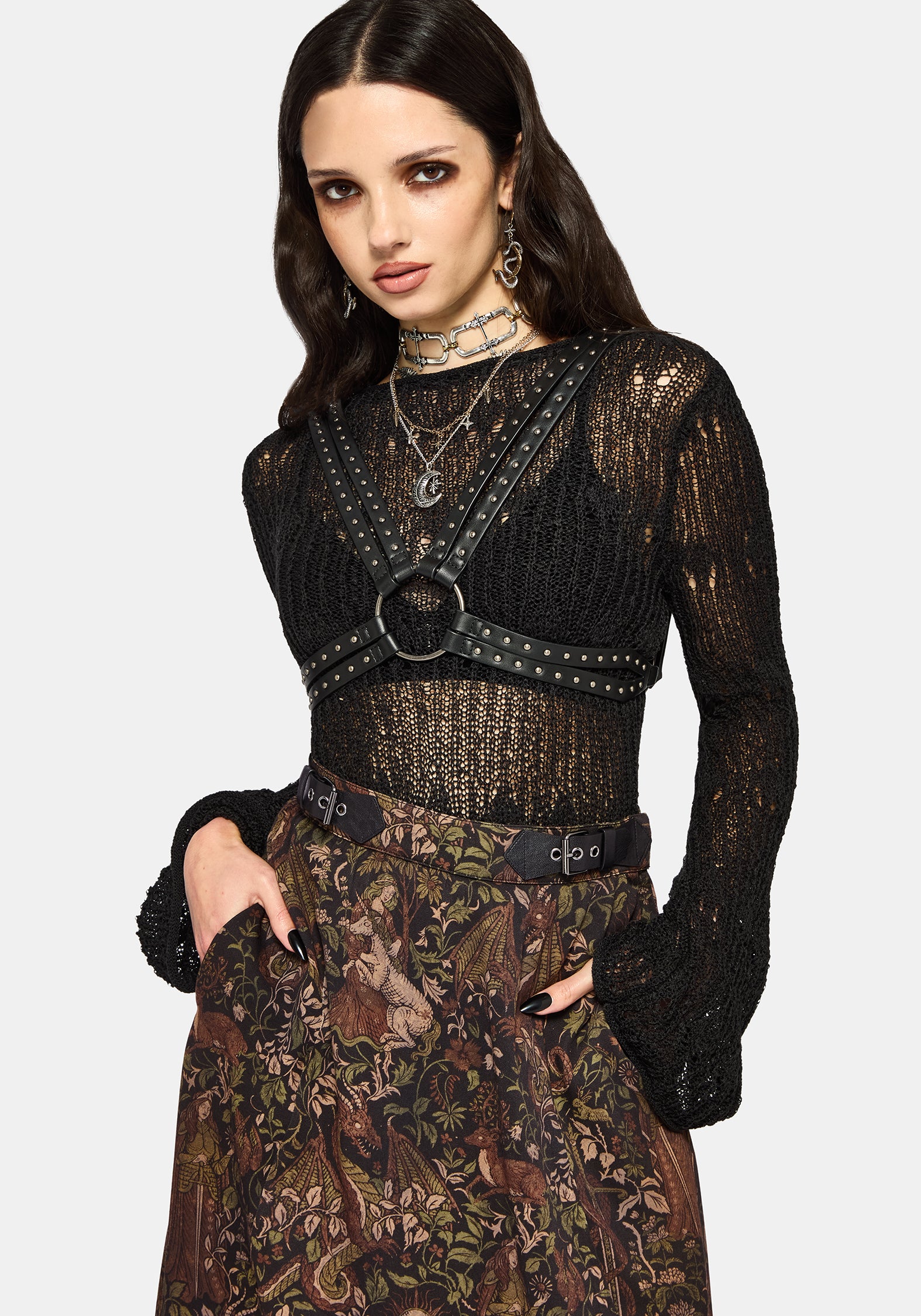 Haunt Medieval Print Buckle Midi Skirt