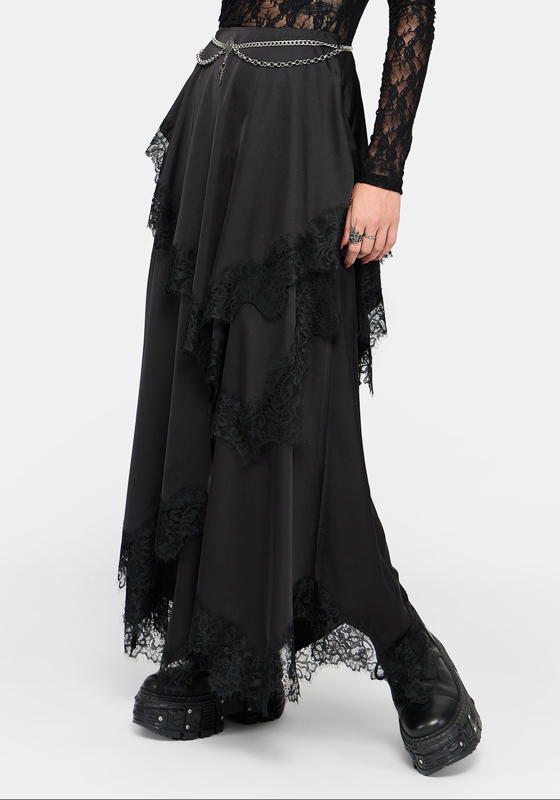 Dhalia Satin and Lace Tattered Maxi Skirt