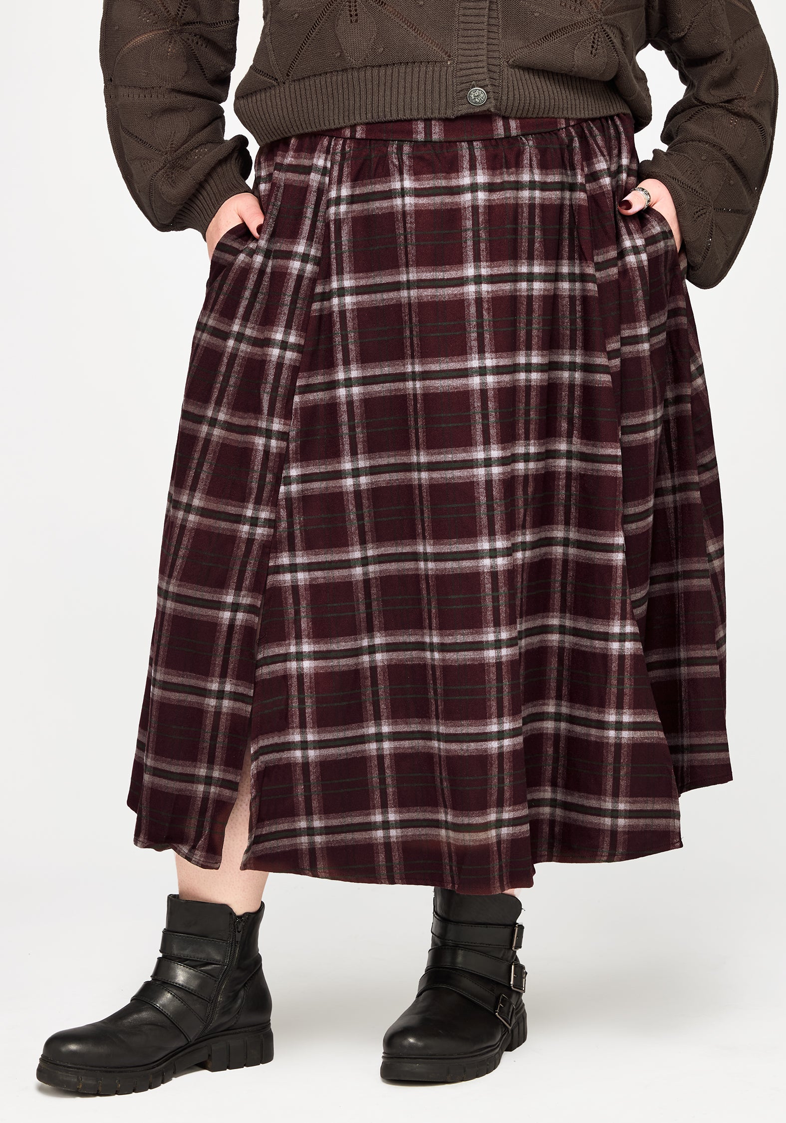 Nightingale Buckled Check Midi Skirt - Burgundy