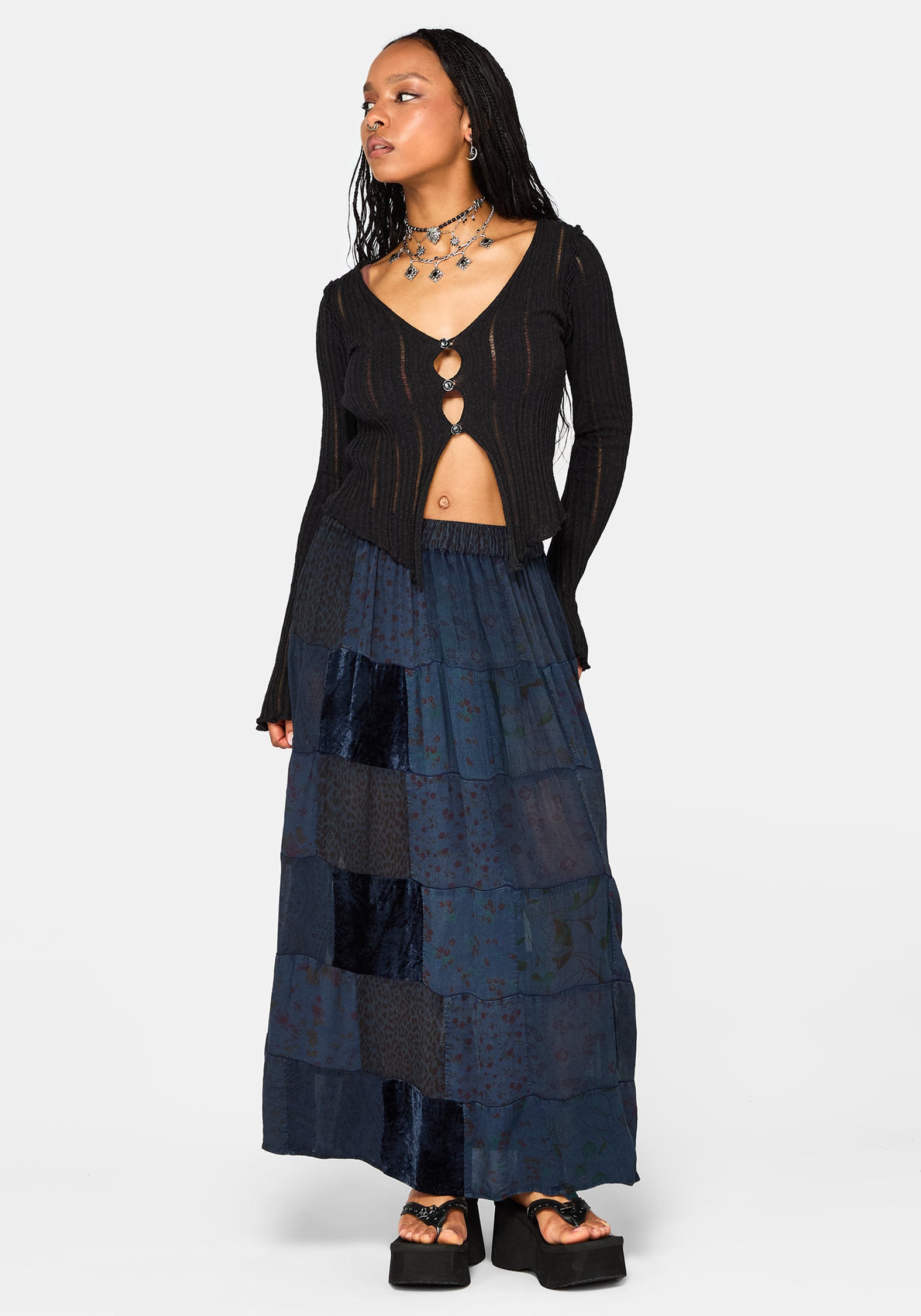 Mabel Floral Printed Patchwork Skirt - Navy