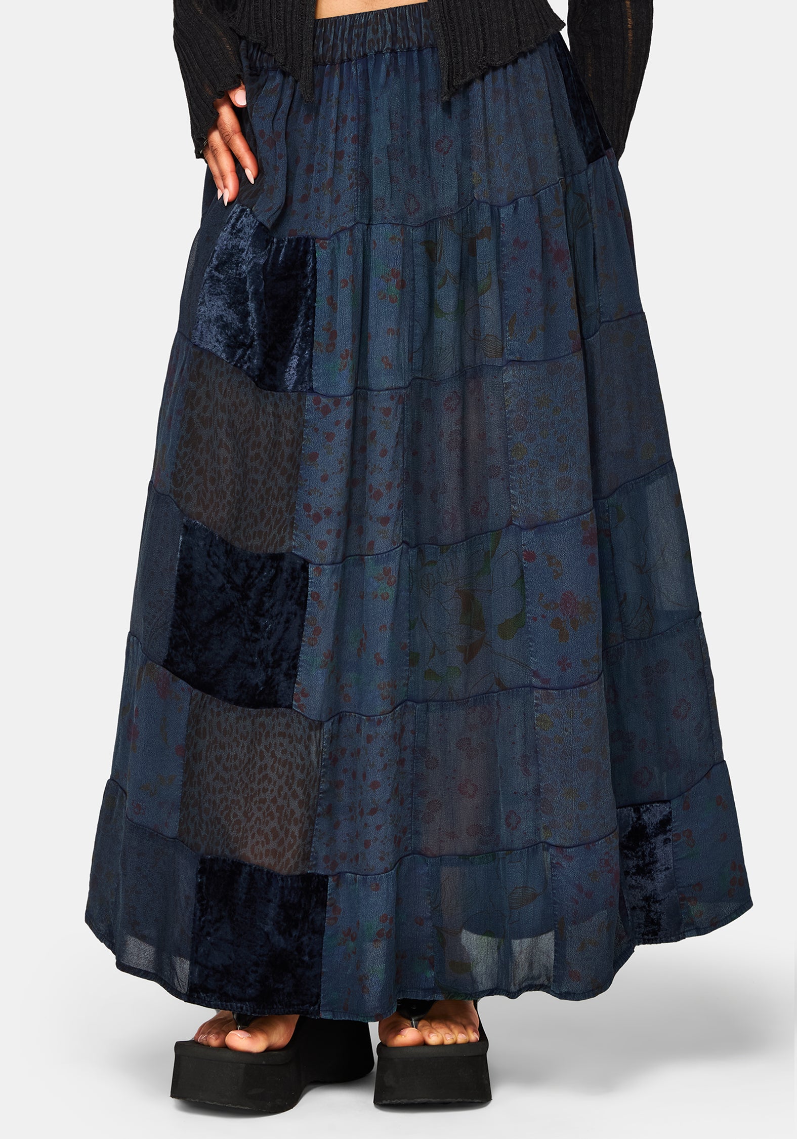 Mabel Floral Printed Patchwork Skirt - Navy
