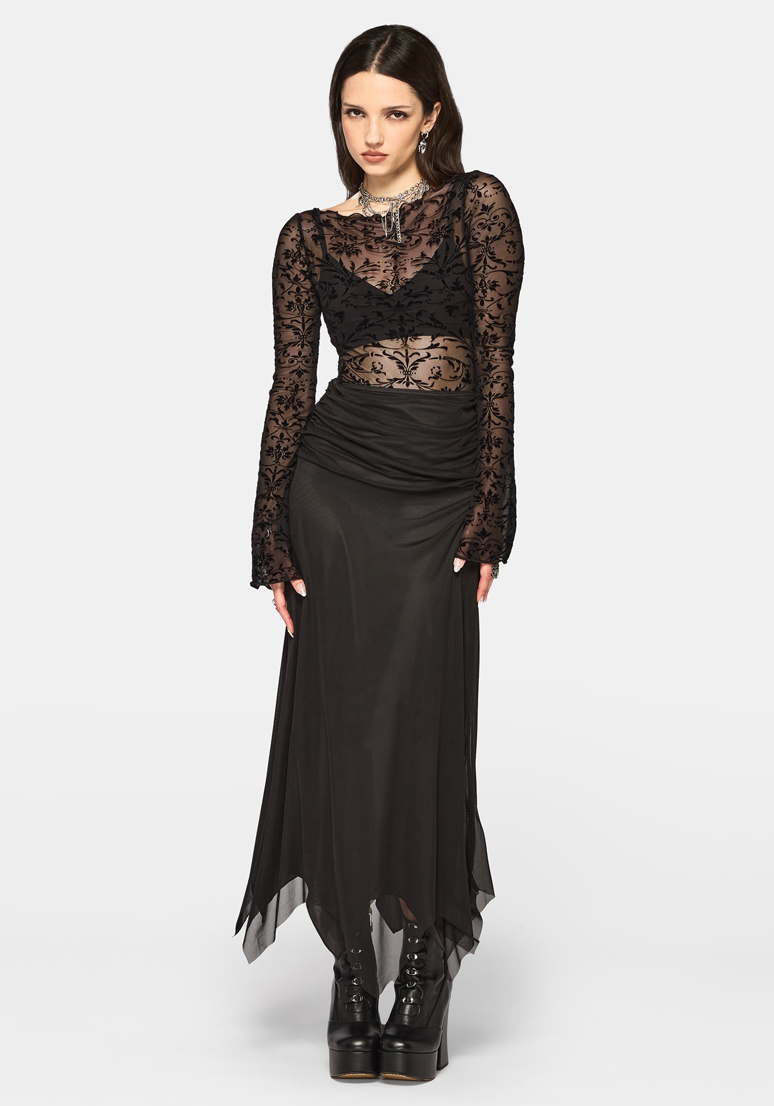 Cyra Hanky Hem Mesh Midaxi Skirt
