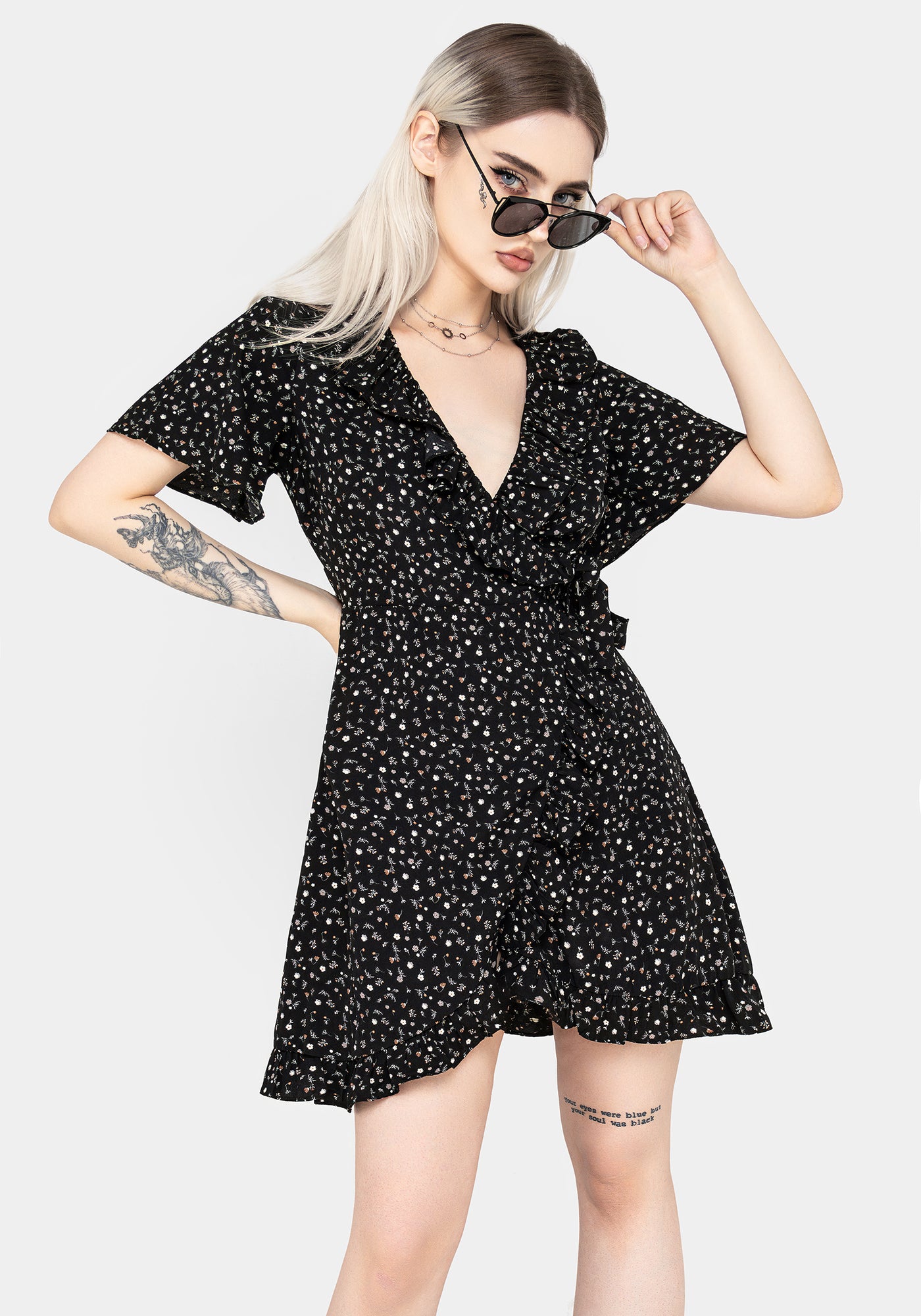 embellished wrap over a-line mini dress Chelsea Embellished Wrap Over A-Line Mini Dress in Black