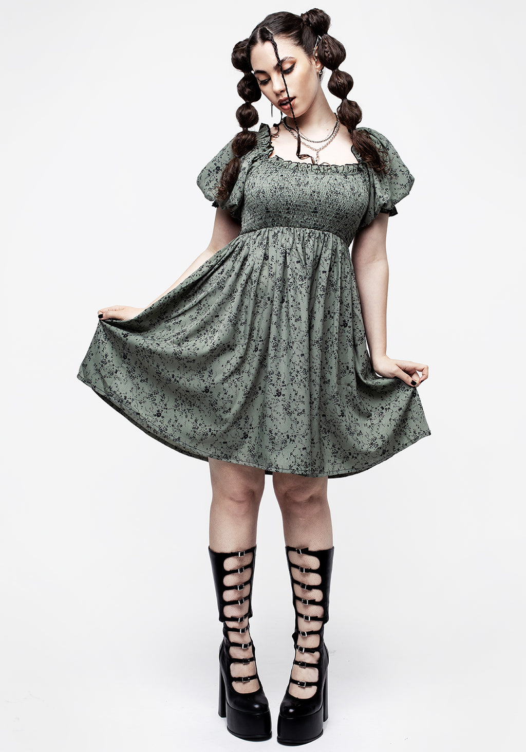 Cassie Green Floral Mini Babydoll Dress Disturbia