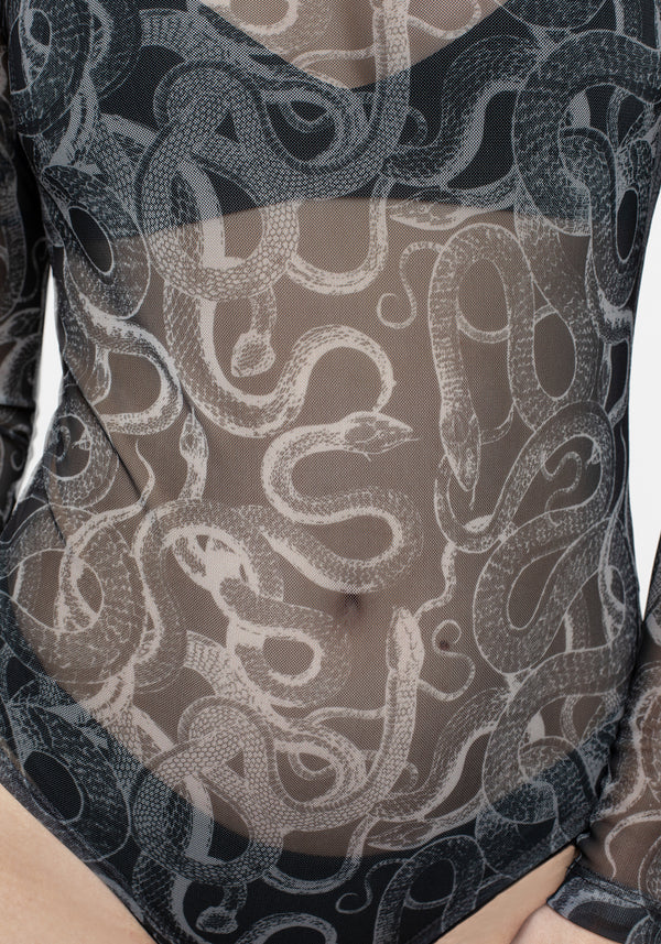 Serpente Print Mesh Long Sleeve Bodysuit
