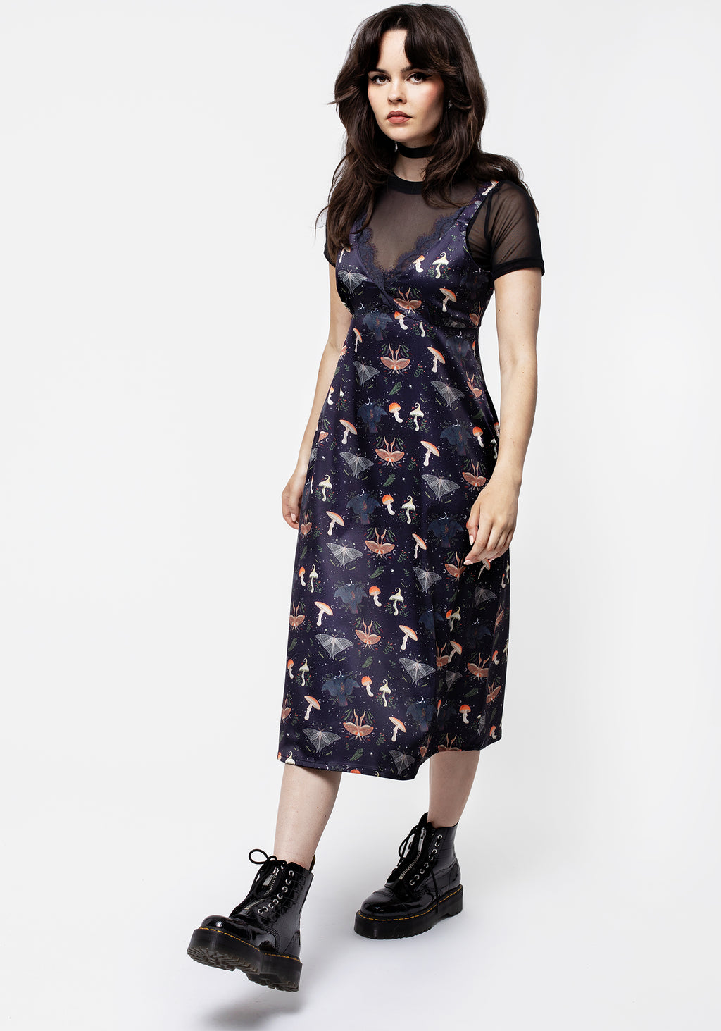 Medeina Print Lace Trim Satin Midi Slip Dress Disturbia