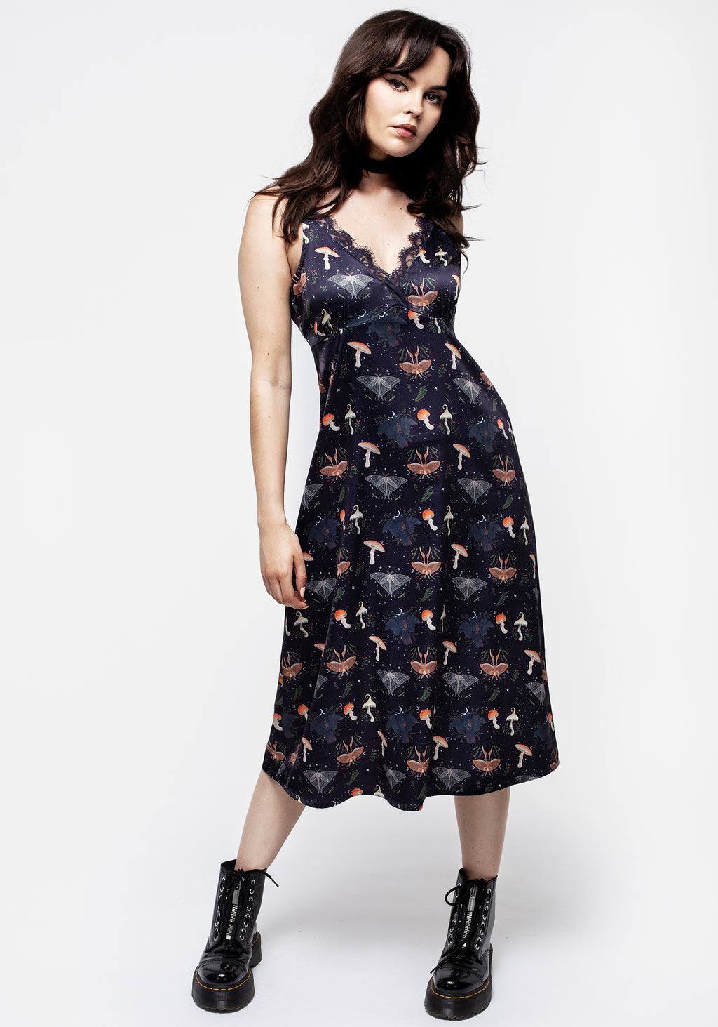 Medeina Print Lace Trim Satin Midi Slip Dress Disturbia