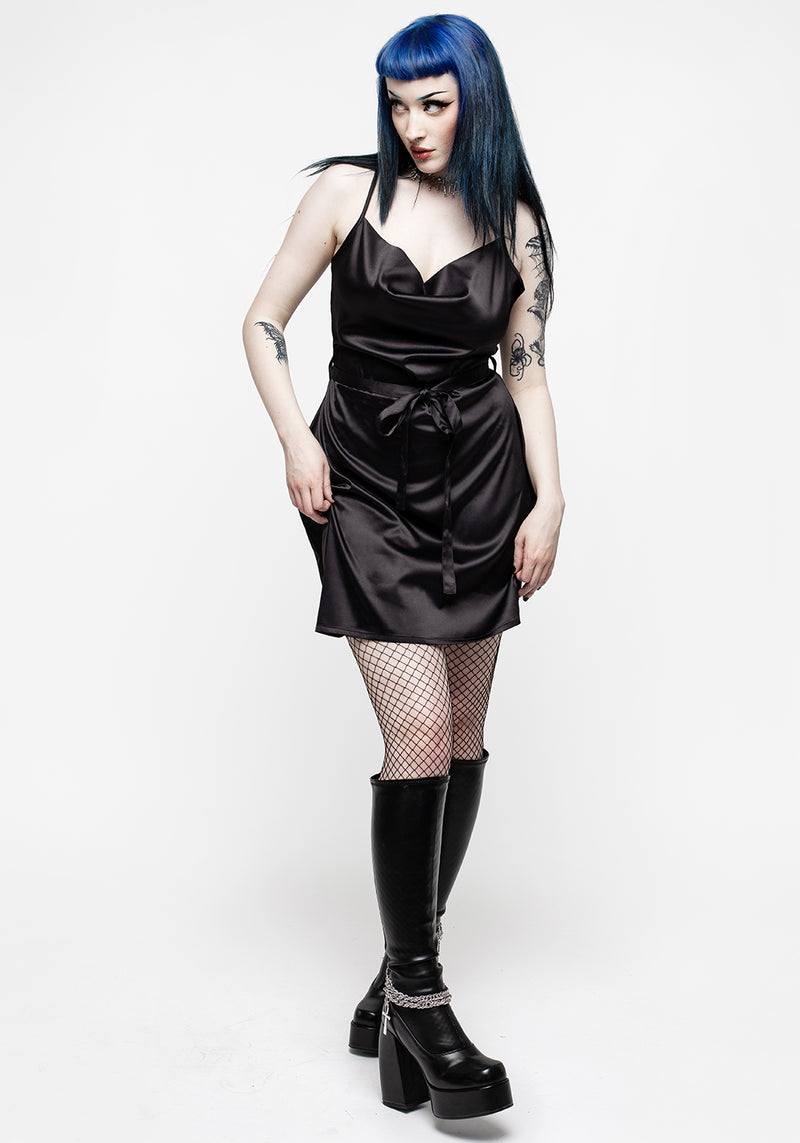 Medeina-Cowl-Neck-Belted-Satin-Mini-Dress-Midnight-Black – Disturbia