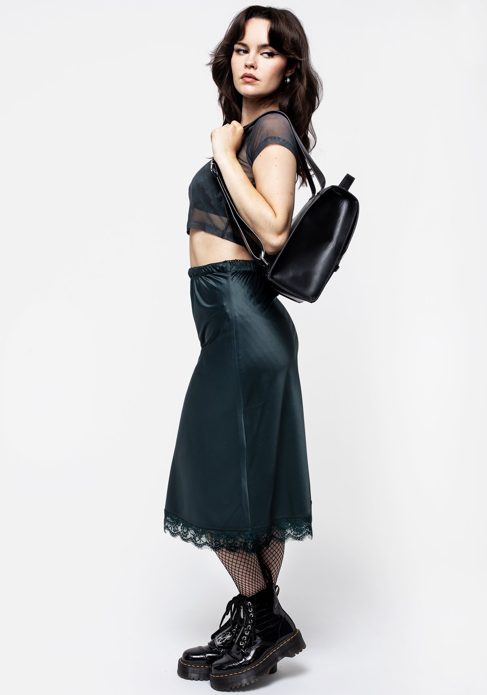 Satin Lace Trim Midi Skirt