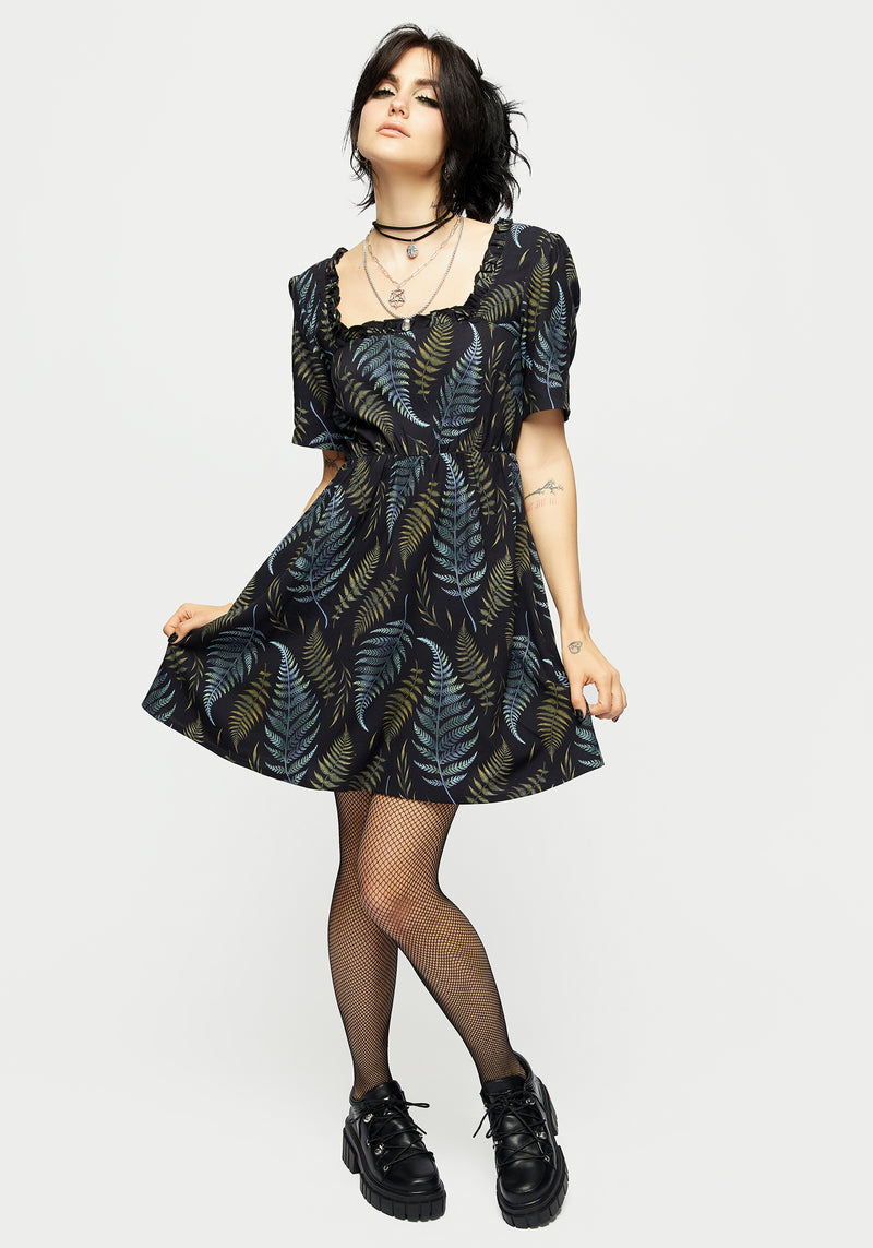 Frond Print Ruffle Shirred Mini Dress