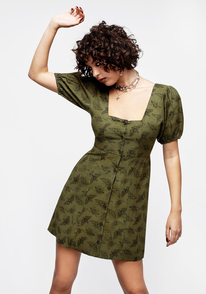 Mortmoth Print Puff Sleeve Mini Dress - Green