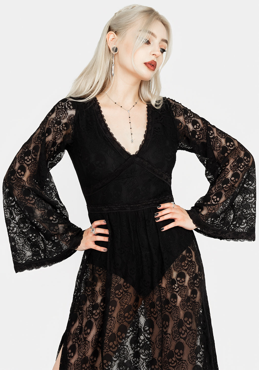 Morella Sheer Skull Lace Bodysuit Midaxi Dress Disturbia