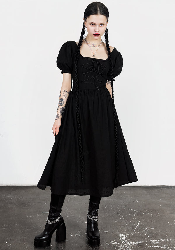 Litha Lace Up Broderie Midi Dress