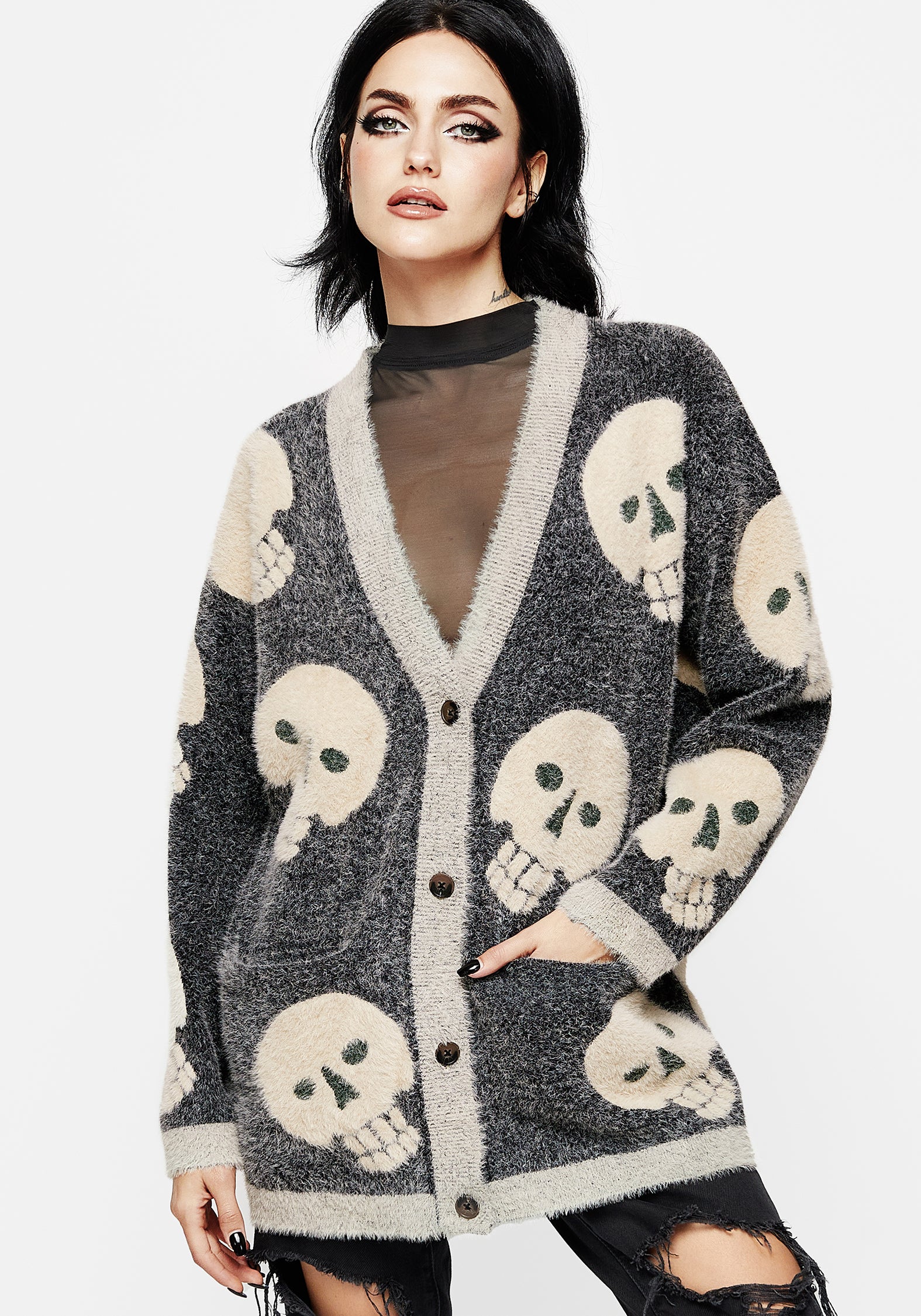 トップス KMRII 3way skull damage cardigan Disturbia | Crania Fluffy Knit Cardigan | Tops