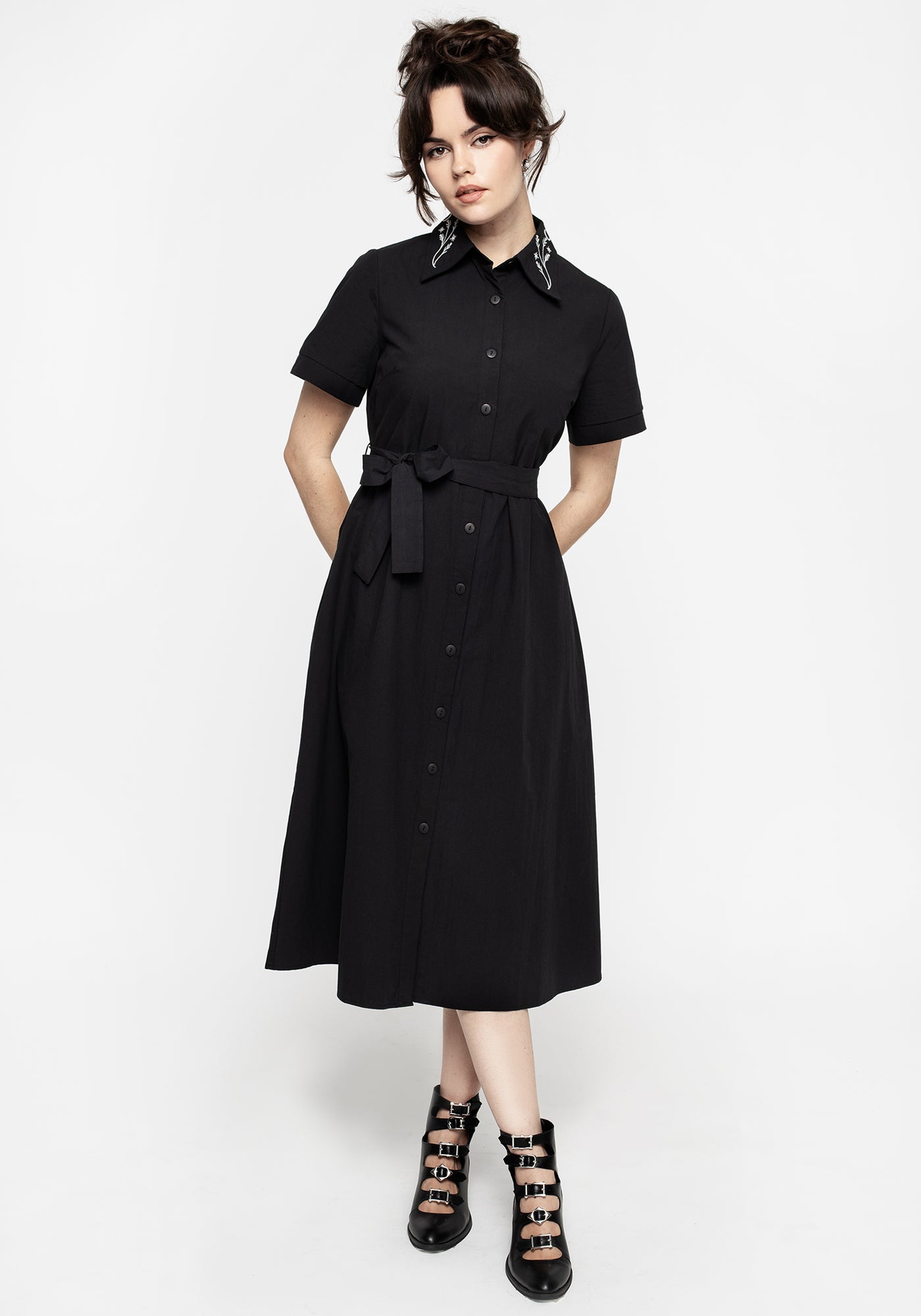 Disturbia Goodfellow Embroidered Collar Midi Shirt Dress Dresses