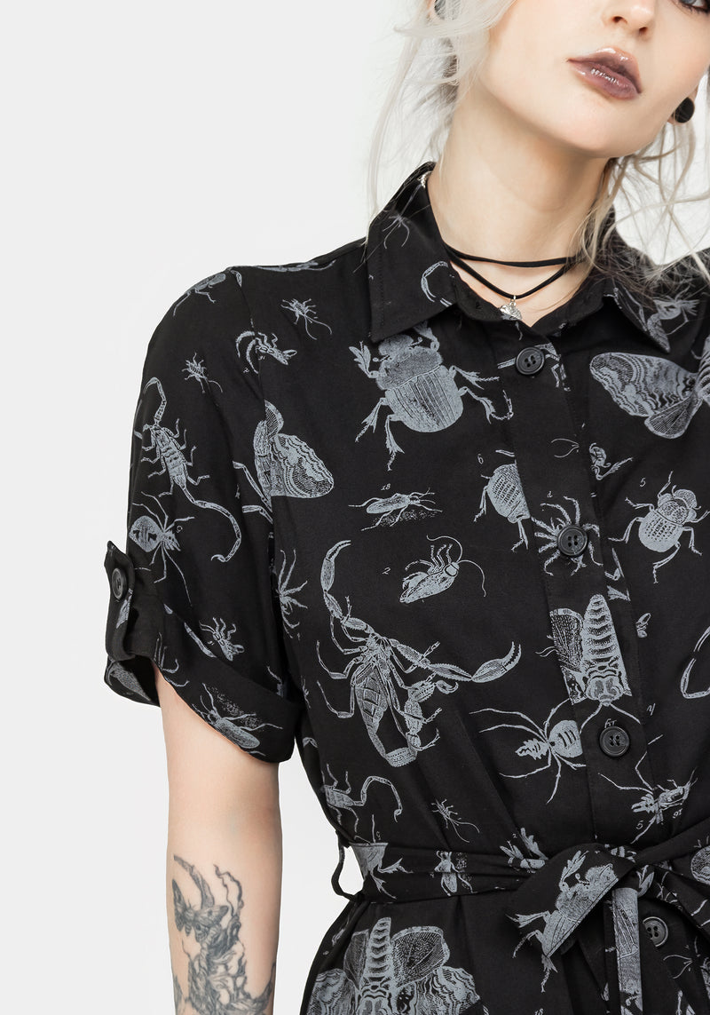 Parasite Bugs Short Sleeve Mini Shirt Dress - Black