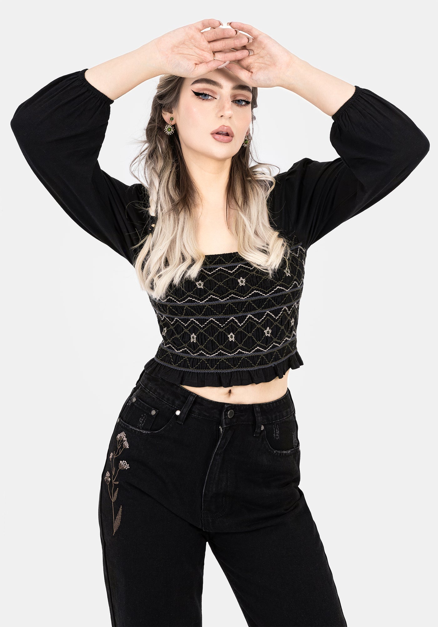 Sugar Lips Women's Keep It Up Smocked Crop Top - Sheer Balloon Sleeves, Drawstring Bust, Square Neck
