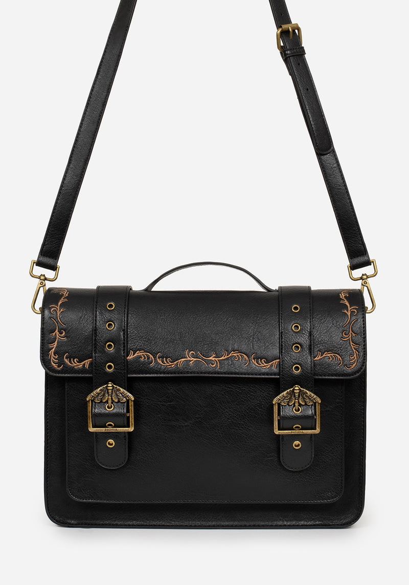 Rosamoth Buckle Vine Embroidered Satchel Bag - Black