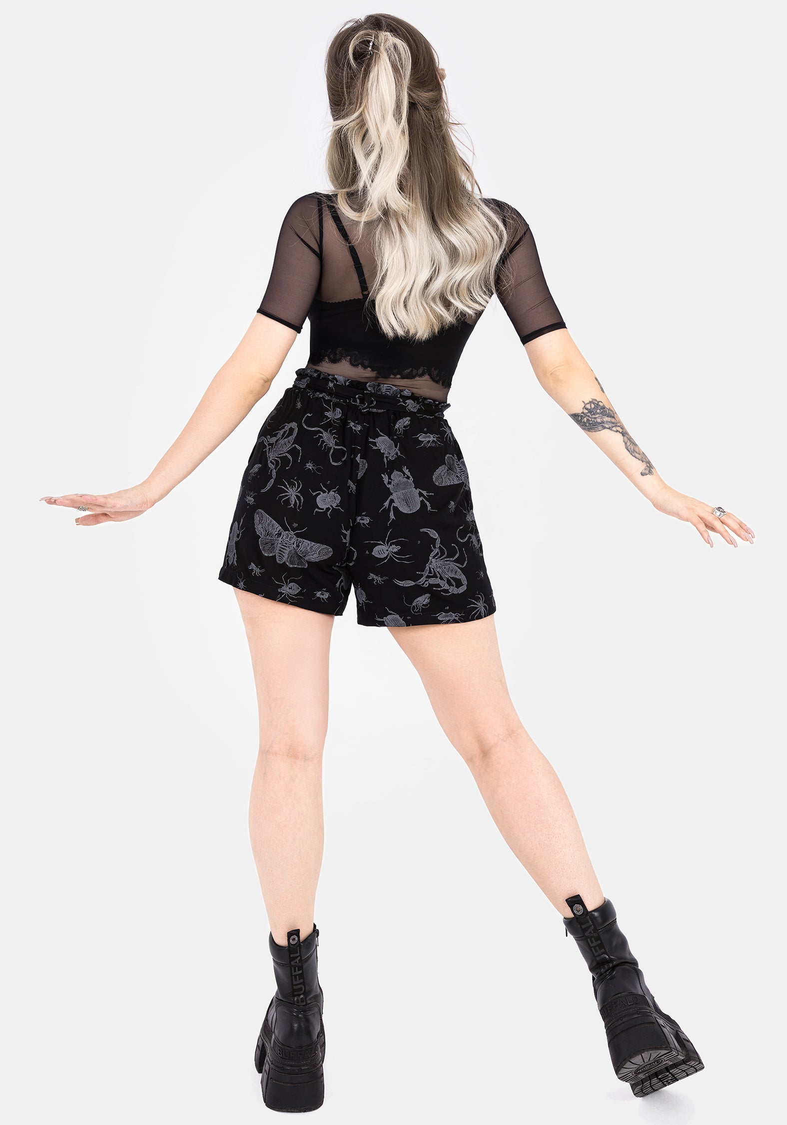Parasite Bugs Tie Waist Paperbag Shorts - Black