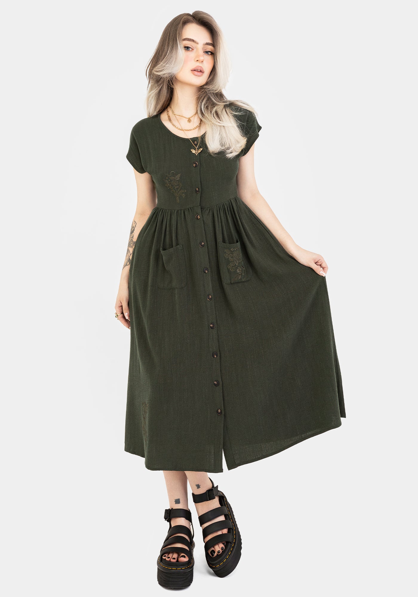 green emerald velvet dress Kate Middleton Dark Green Button-up Midi Dress With Belt – Mislish main image 0