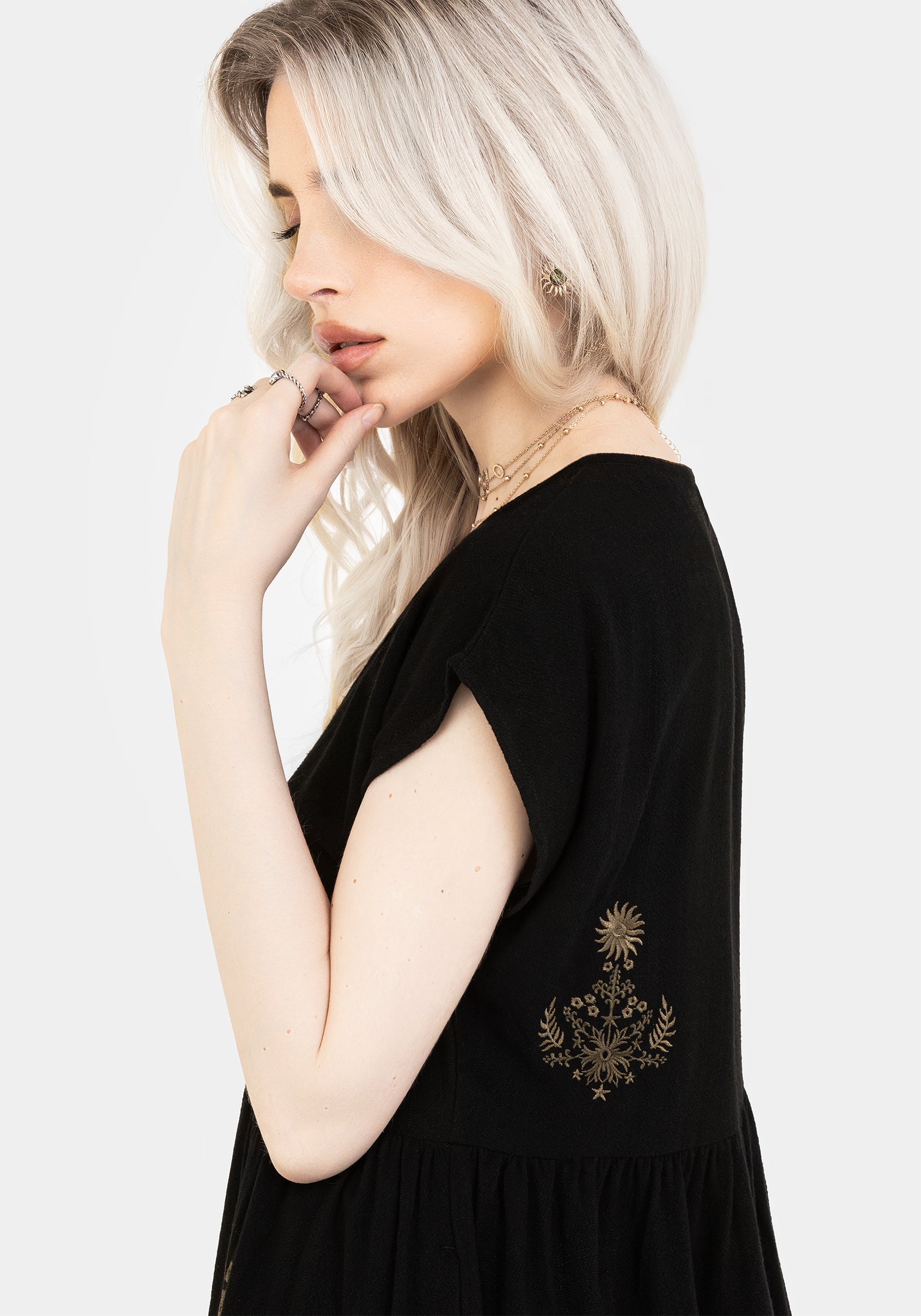 Foliate Linen-Blend Embroidered Button Up Mini Dress - Black