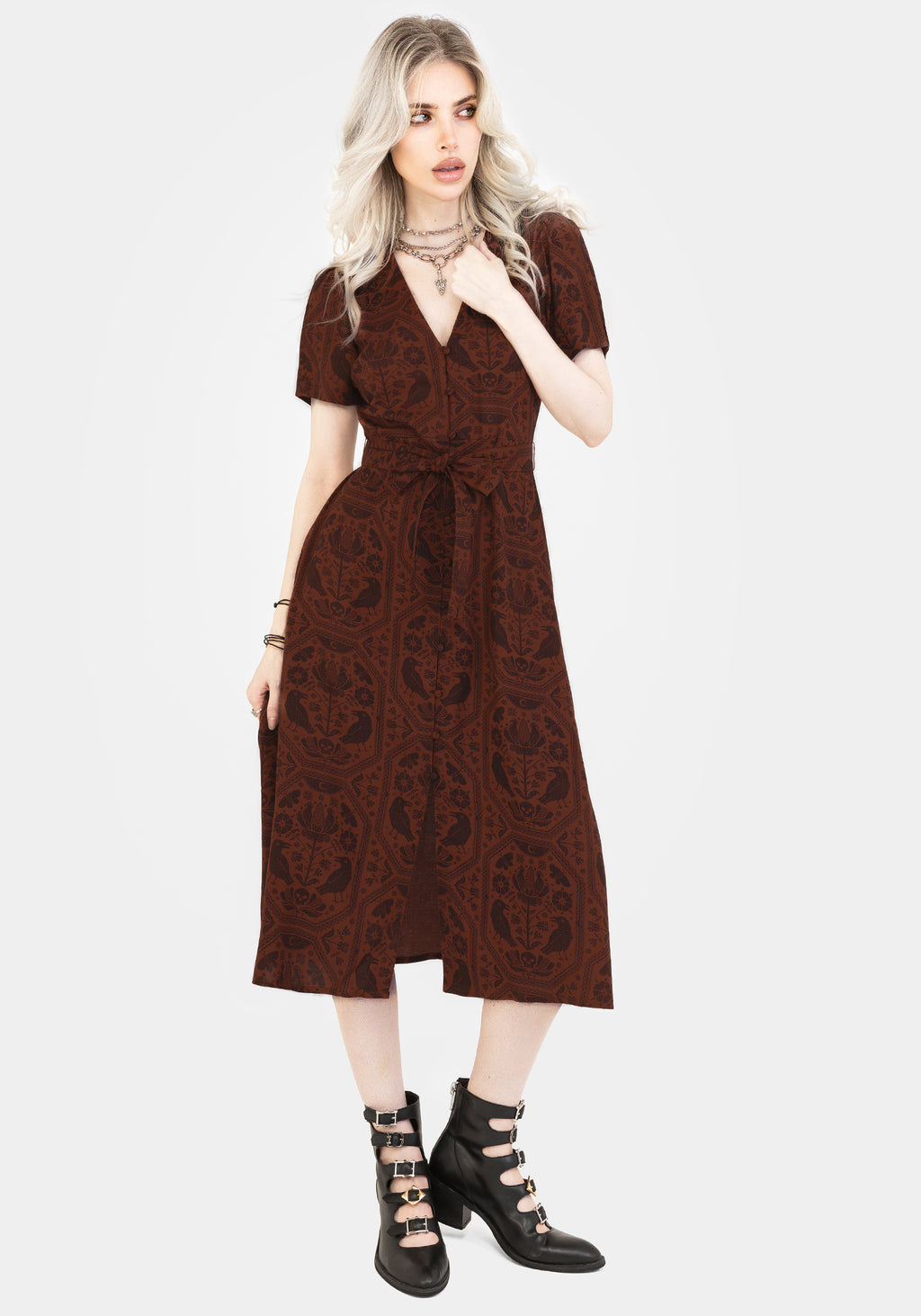 Raven Ress Disturbia | Annabel Raven Print Button Up Midi Dress - Rust | Dresses