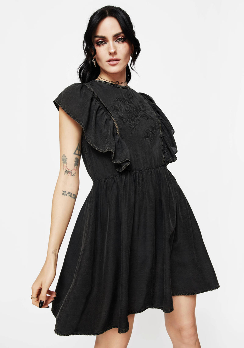 Eartha Cotton Embroidered Frill Detail Mini Dress