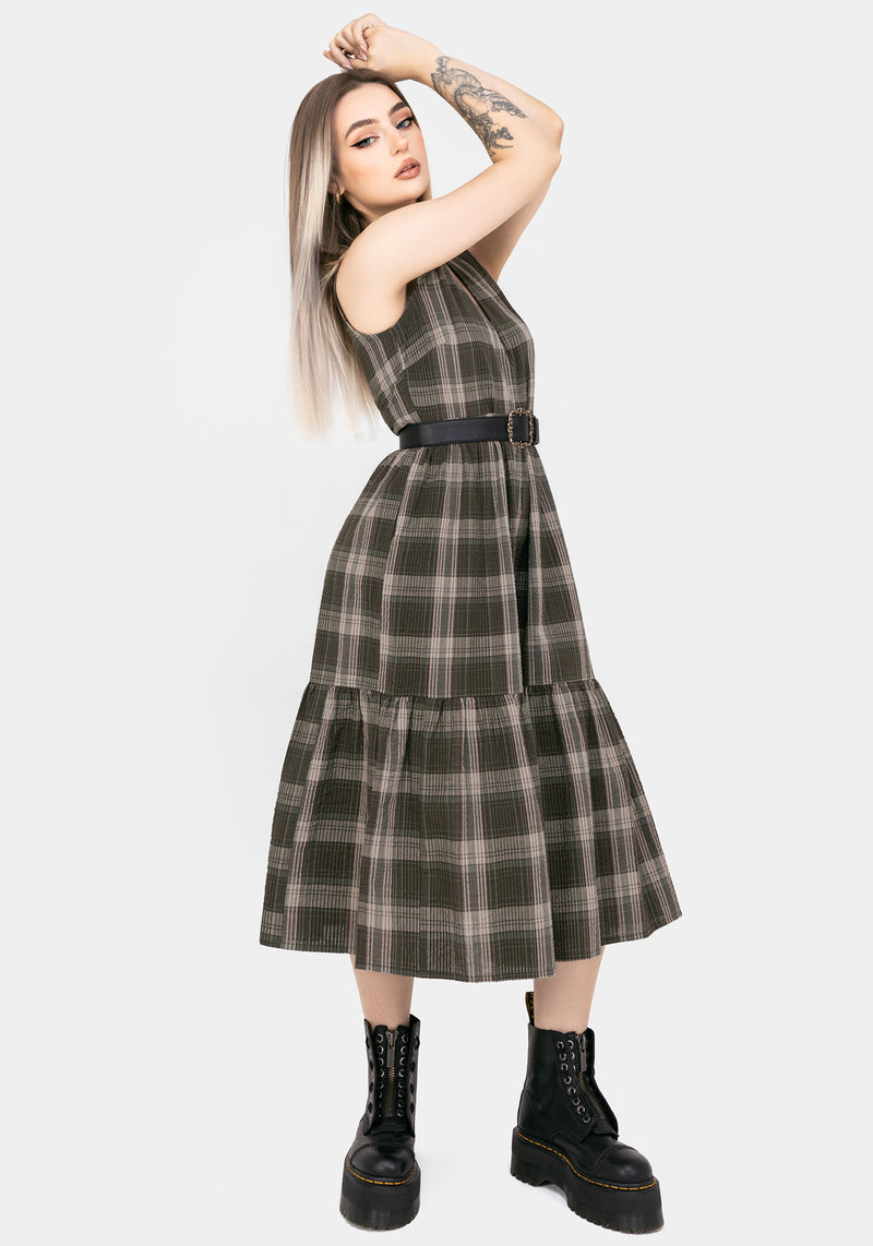 Clara Cotton Check Sleeveless Tiered Smock Midi Dress Disturbia Clara Cotton Check Sleeveless Tiered Smock Midi Dress Disturbia
