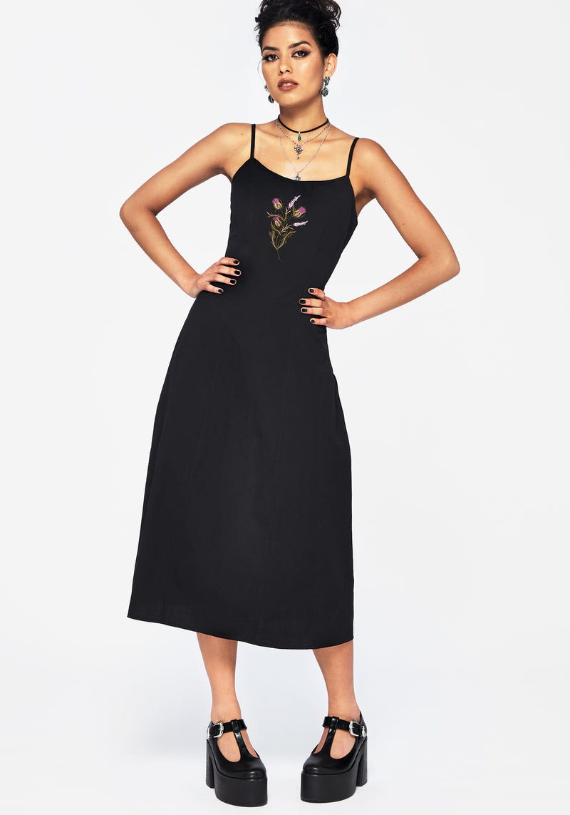 Despair Cotton Thistle Embroidered Cami Tie Back Midi Dress
