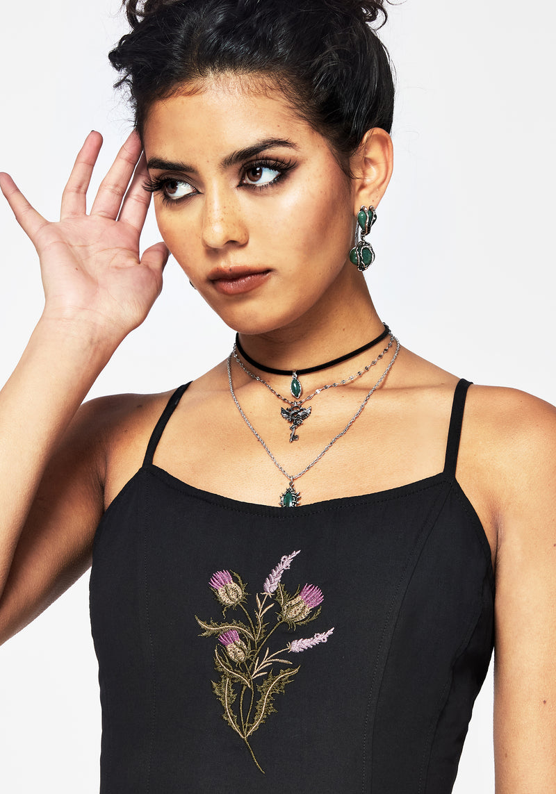 Despair Cotton Thistle Embroidered Cami Tie Back Midi Dress