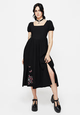 Copia Moth Embroidered Cotton Puff Sleeve Split Skirt Midi Dress
