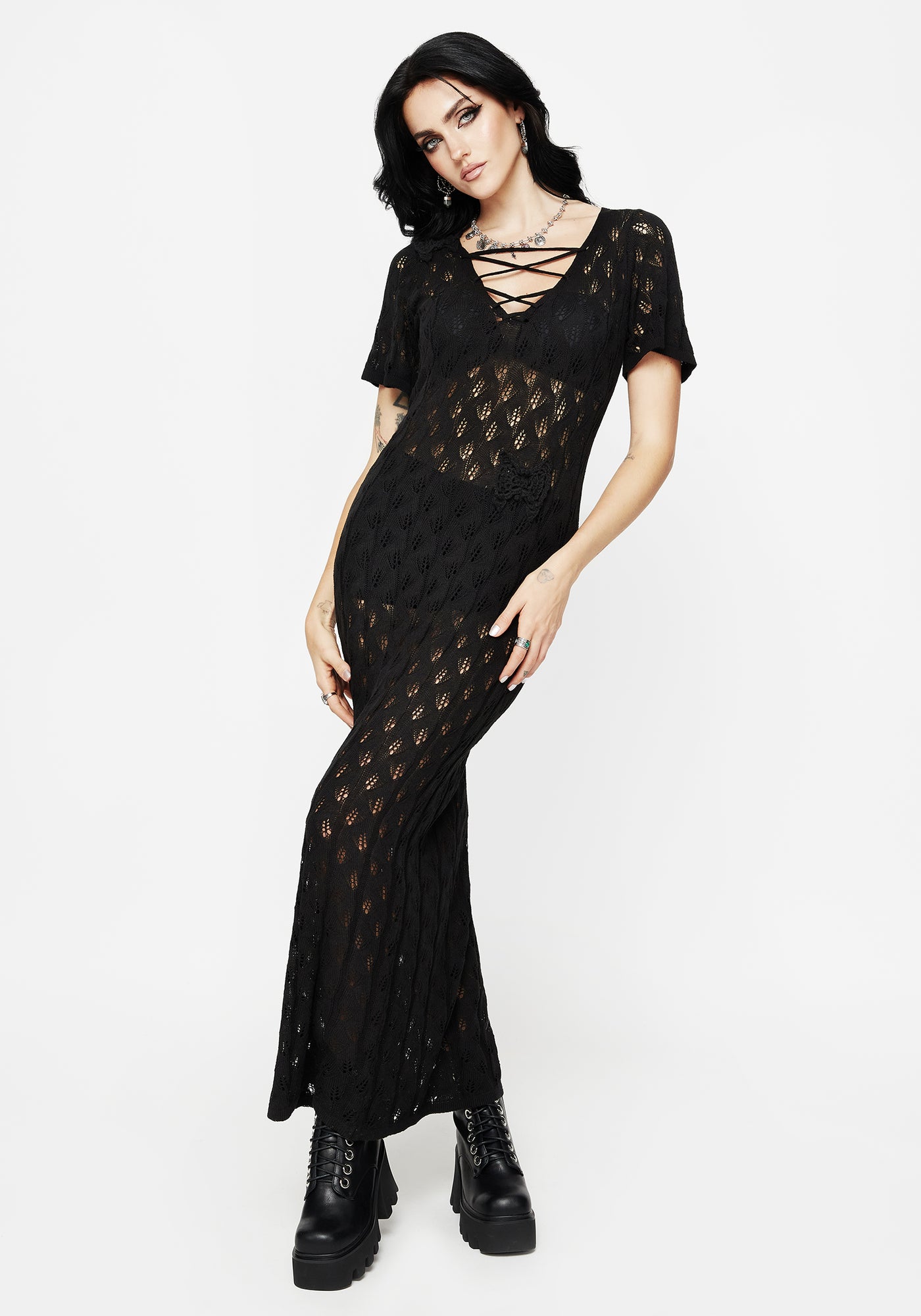 knitted maxi dress uk Disturbia | Elnora Moth Crochet Knit Maxi Dress