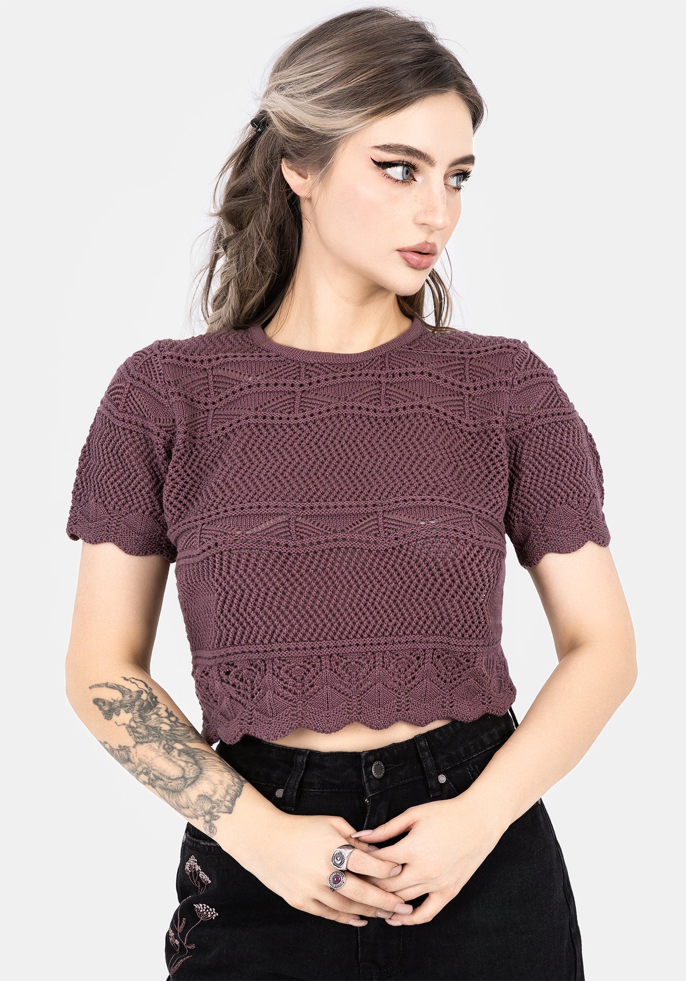 Disturbia | Hooked Pointelle Short Sleeve Crop Top - Purple | Knit