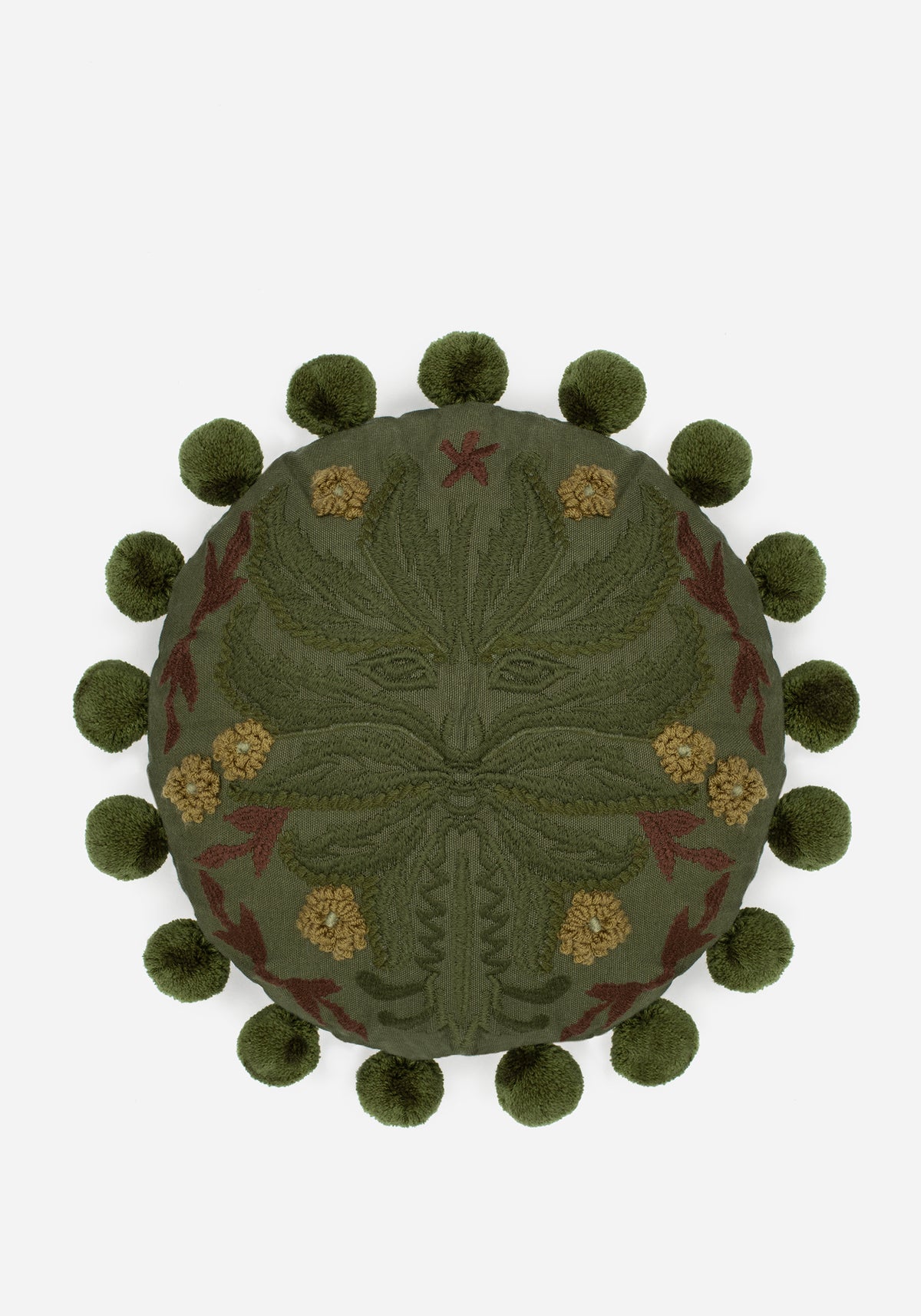 Foliate Embroidered Pom-Pom Round Cushion