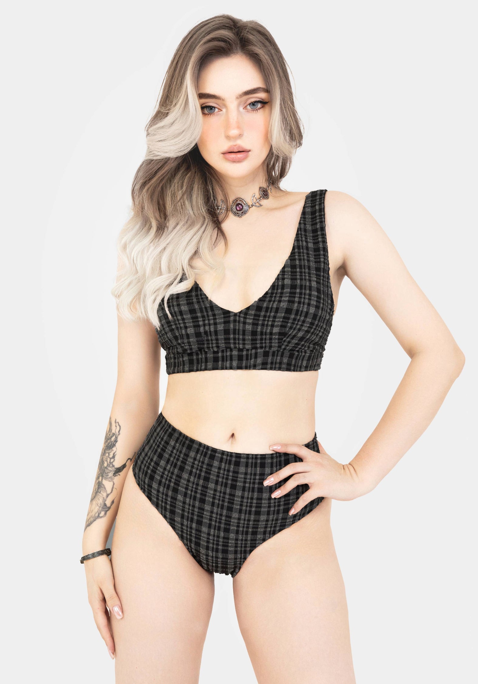 Slate Textured Check High Waist Swim Bottoms