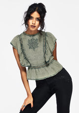 Eartha Embroidered Cotton Frill Detail Peplum Top