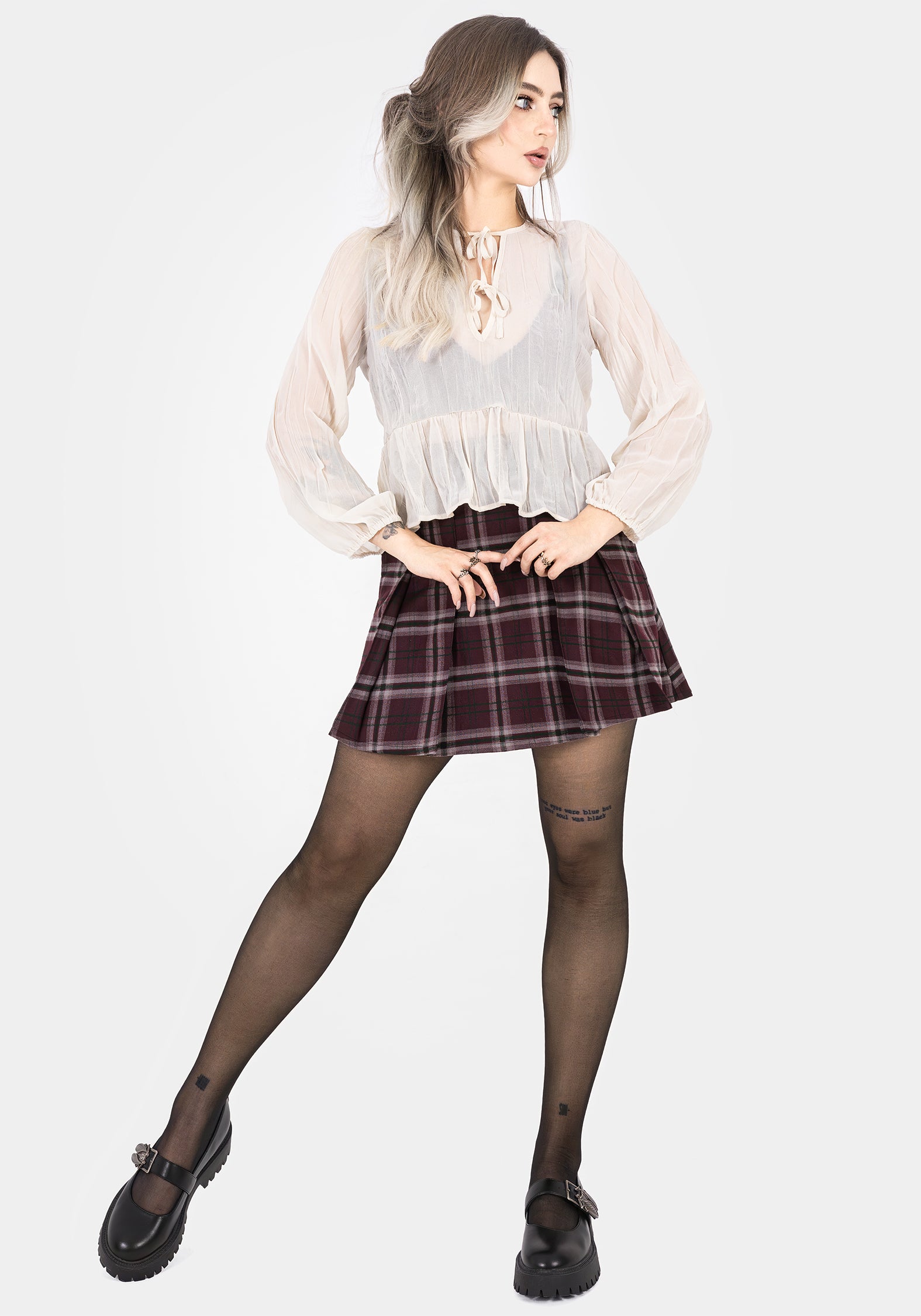 Villain Textured Tie Front Peplum Blouse - White
