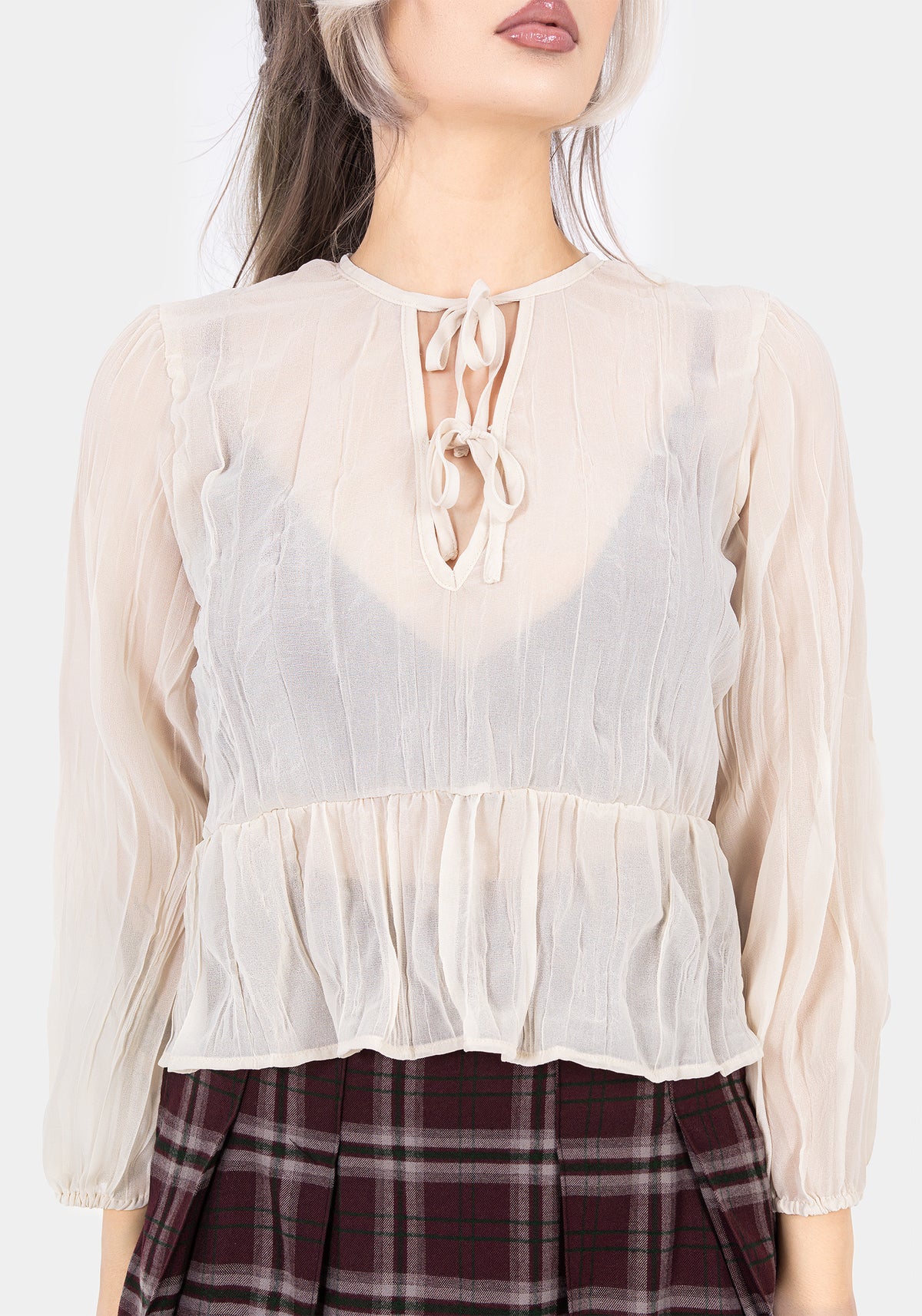 Villain Textured Tie Front Peplum Blouse - White