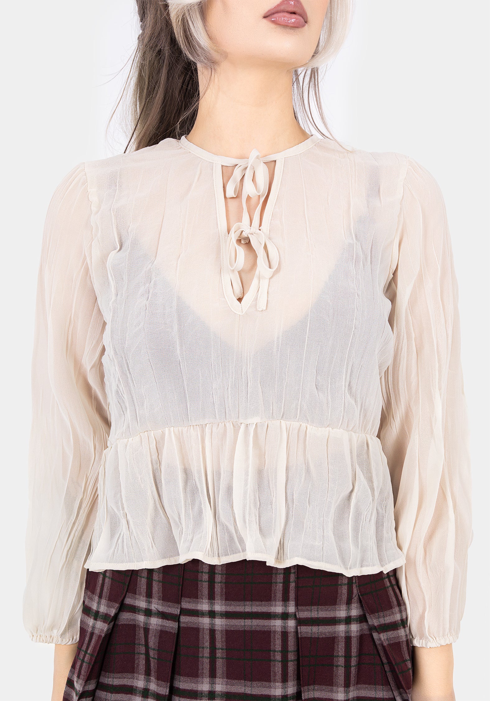 Villain Textured Tie Front Peplum Blouse - White